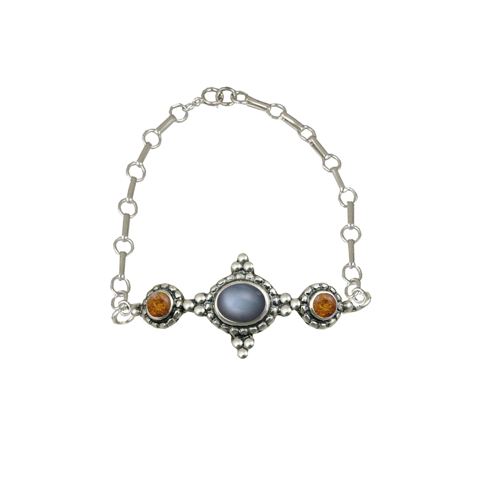 Sterling Silver Gemstone Adjustable Chain Bracelet With Grey Moonstone And Amber